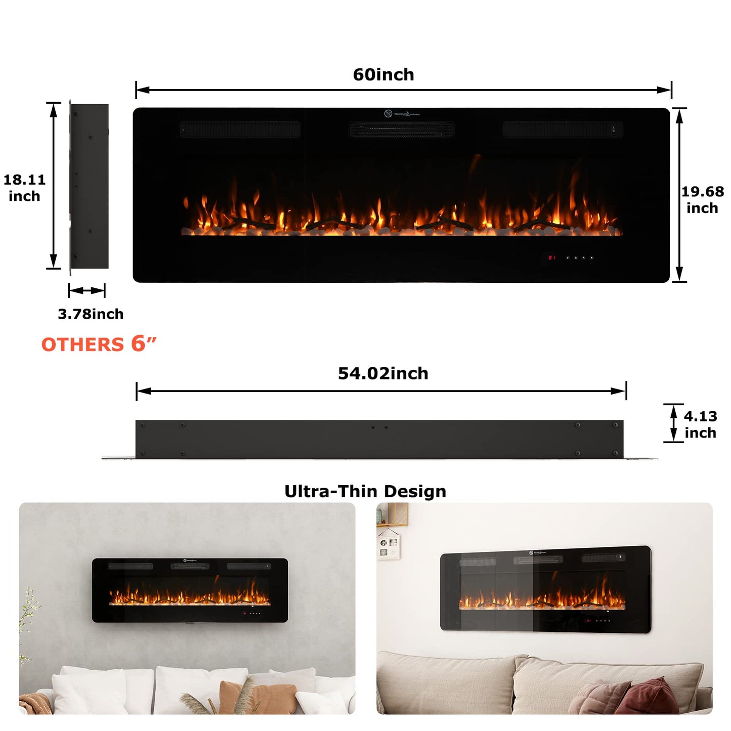 FODINGHILL 60" Insert Wall Mounted Electric Fireplace, Low-Noise Fireplace Heater Mantel Features a Touch Screen, Remote Control with Timer, Adjustable Flame Color, 700W / 1400W