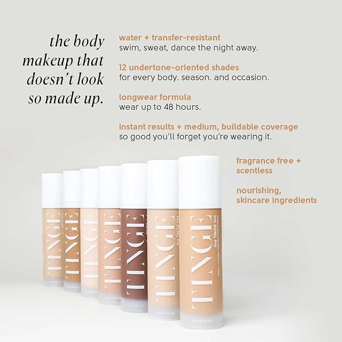 Tinge Tint Body Makeup, Lasts Up to 48 Hours, Medium Coverage Cream With Amino Acids, Hyaluronic Acid & Lysine, Semi Matte Finish, Water & Transfer Resistant, 3.38 Fl Oz - Deep Warm