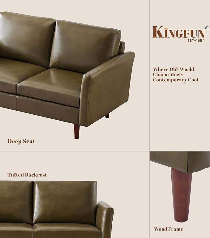 Kingfun Faux Leather 3 Seat Couch Set for Living Room, Mid Century Modern Sofa with Rolled Arms and Deep Seats, Fluffy Comfort for Apartment, Easy to Assemble, Olive Green Sofa and Loveseat
