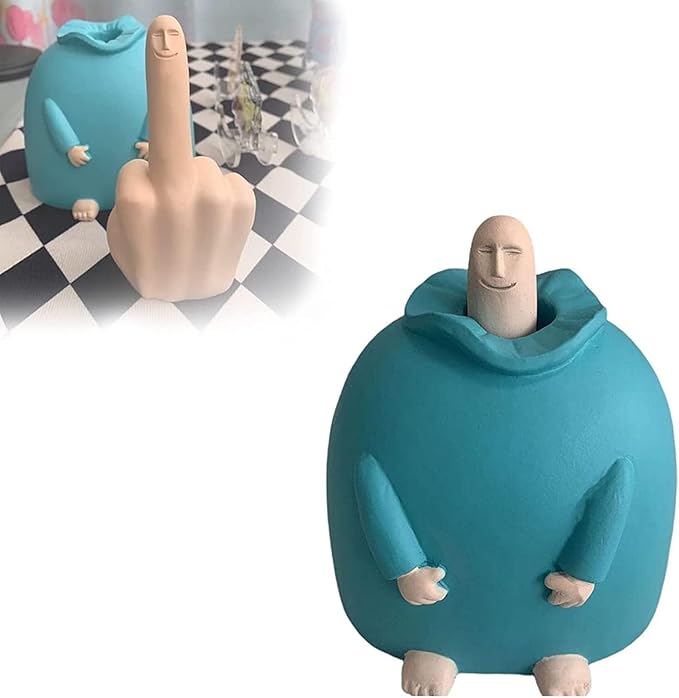 Junwait Funny Smiling Middle Finger Statue Ornaments, Novelty Resin Finger Man Sculpture Decorations, Quirky Middle Finger...