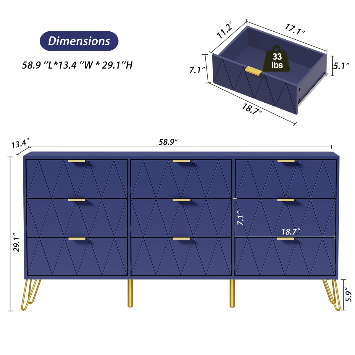 Anbuy Bedroom Sets 3Pcs Navy Blue Modern Nightstand Sets and 9 Drawer Dresser for Bedroom, Two Drawers Nightstand Set of 2 & 9 Drawer Dresser Combo 3 Pieces (Navy Blue)