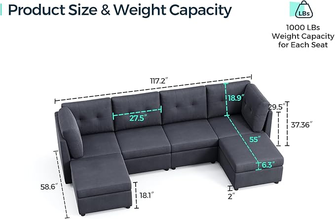 LINSY HOME Modular Sectional Sofa Oversized, Rubik III Removable Cover Living Room Couches with Storage Deep Seat & Ottoman Chaise L/U Shaped Sofa Modern Couch (Dark Grey)