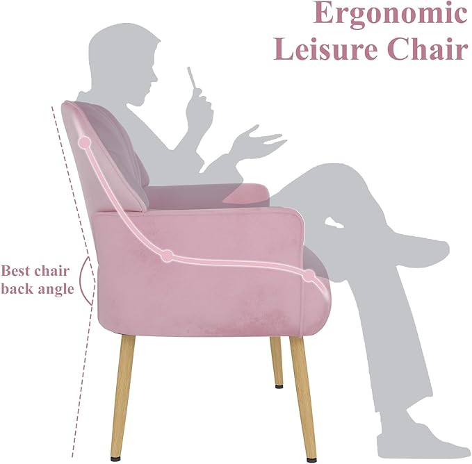 Holiway Velvet Accent Chair, Upholstered Modern Leisure Single Sofa Side Chair, Comfy Tufted Back Armchair with Metal Legs for Living Room/Bedroom/Office/Reading Room, Pink