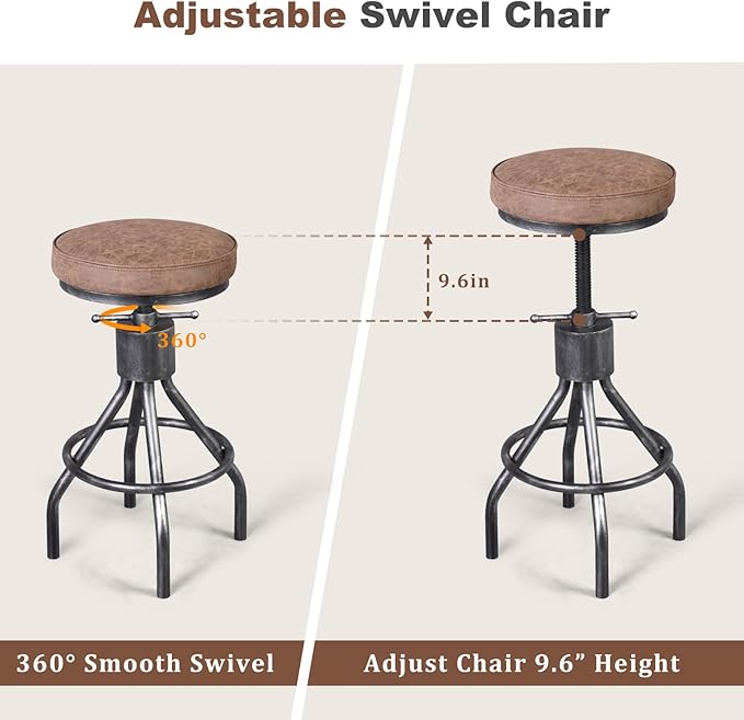 BOKKOLIK Industrial Bar Stools Swivel Pu Seat Vintage Kitchen Island Counter Stool 23-33inch Height Adjustable Rustic Shop Chair (Set of 2)