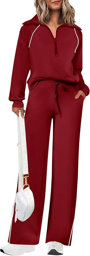 PRETTYGARDEN Women's 2 Piece Outfits Casual Lapel Half Zip Sweatshirts and Wide Leg Pants Tracksuit Sets