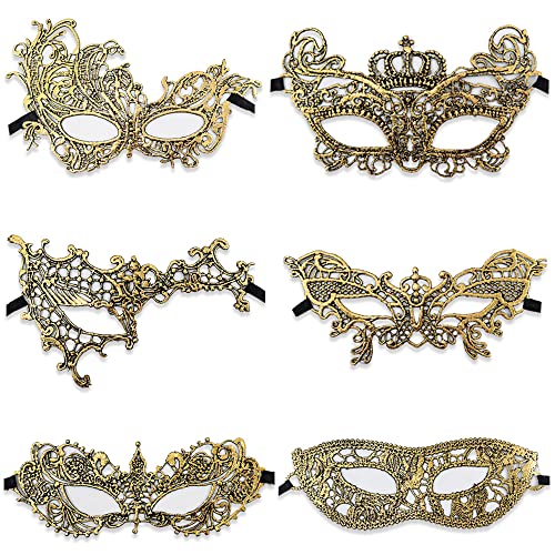 Huture 6 Packs Lace Masquerade Mask, Gold Lace Eye Patch for Women Mascarade Ball Sexy Lady Half Face Mask Fancy Dress Ven...