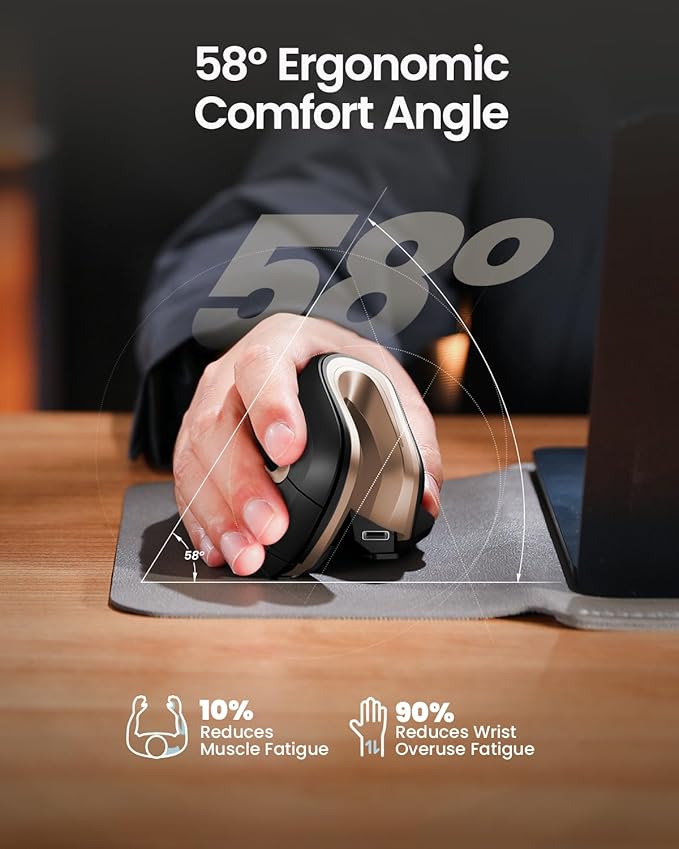 ProtoArc Ergonomic Mouse, EM11 NL Bluetooth Rechargeable Wireless Vertical Mouse, 3 Multi-Device Connectivity for Computer/PC/Laptop, 2.4GHz USB-A Optical Mice for Windows, Mac OS, Black Gold