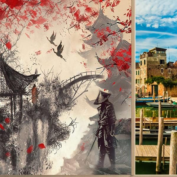 Vintage Japanese Samurai Air Window Film Watercolor Ink Ancient Cherry Blossom Red Sunblackout Window Film,Playroom Window Film 23.6Wx47.2L-Inch X1Pcs