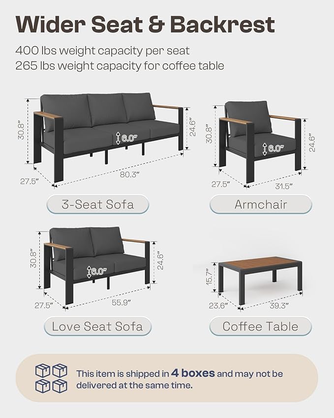 Oasbira Aluminum Outdoor Patio Furniture Set with Coffee Table, 5 Piece Patio Conversation Sets with Washable Thick Cushions, Outdoor Sectional Furniture Set for Porch, Balcony, Deck, Yard, Graphite
