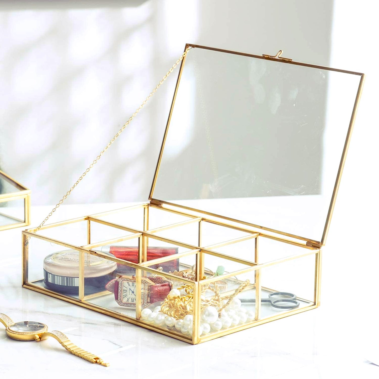 Golden Vintage Glass Box Clear Glass & Brass Metal Storage Jewelry and Cosmetic Makeup Lipstick Holder Organizer Beauty Display,