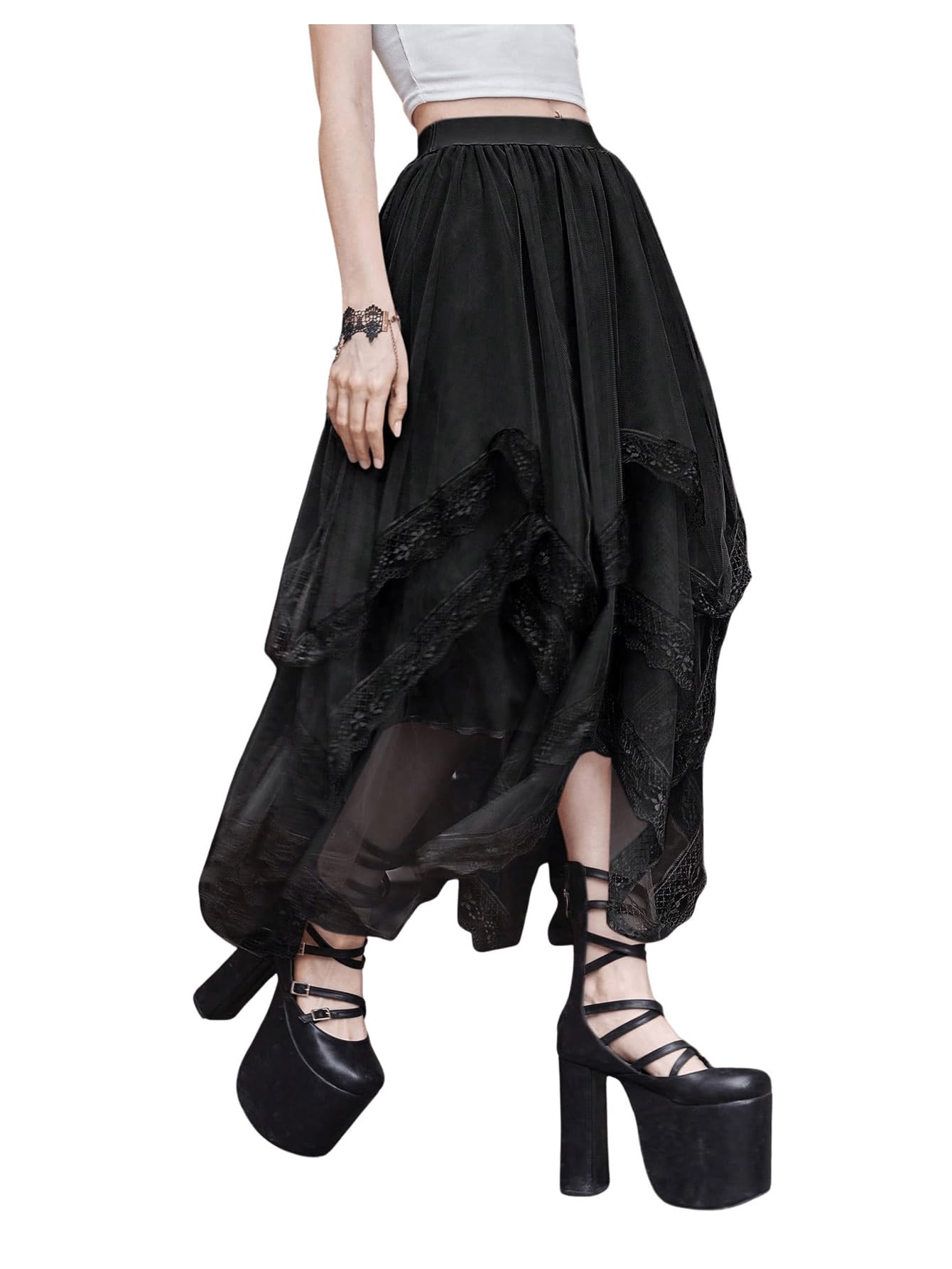 SHENHE Women's Lace Trim Layered Mesh Tulle Skirt High Waist Asymmetrical Long Goth Skirt Black S