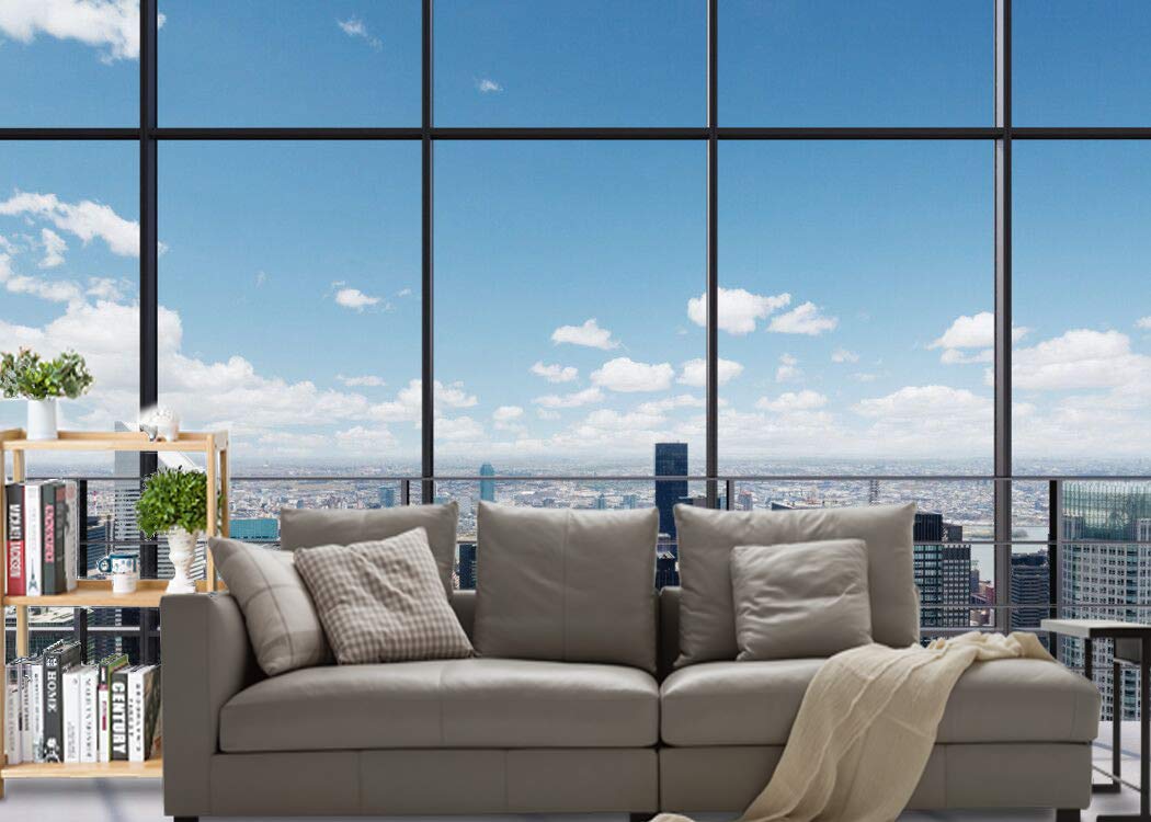 Lywygg 7X5Ft Office Room Backdrop City Vinyl Backdrops Business Street View Skyscraper French Sash Blue Sky White Cloud Sunshine