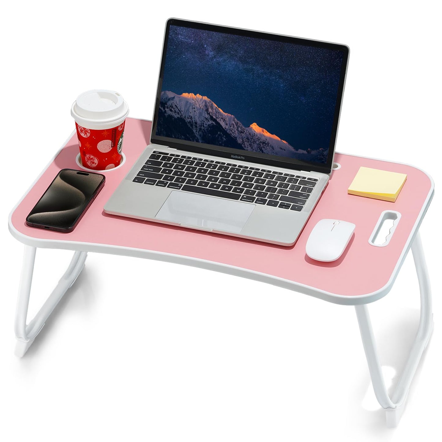 ZEAPTAC Laptop Bed Desk, Foldable Lap Table, Portable Study Table, Laptop Stand with Cup Holder & Tablet Slot & Lifting Handle for Working Writing Drawing & Eating - Pale Pink