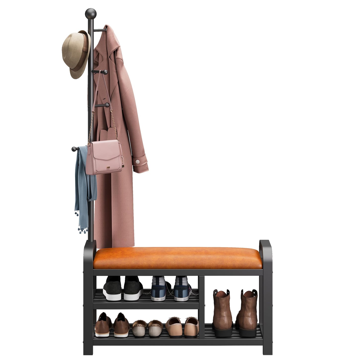 IRONCK 35" Hall Tree, Shoe and Coat Rack with Bench, 3-in-1, 2 Tier Shelves, 5 Hooks, Coat Rack with Shoe Storage for Entryway, Hallway, Rustic Brown
