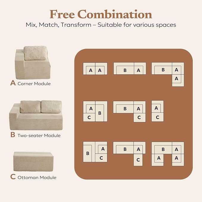 Furnify 106" 3-Seater Sofa, Cloud Modular Sofa with Certified Foam, Upholstered Floor Sofa with Deep Seat, Upholstered Sofa for Bedroom Living Room, No Assembly Required (Corduroy Fabric, Beige)