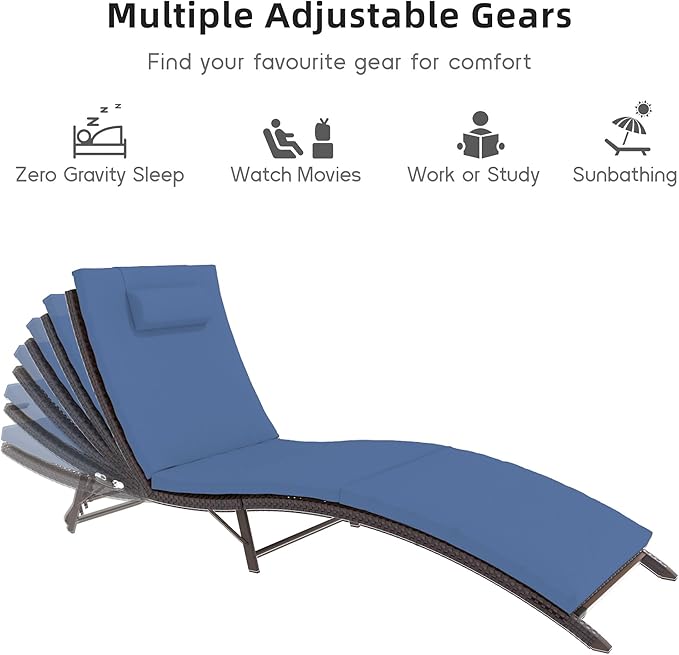 Trumbeak Patio Chaise Lounge Set 3 Pieces Pool Lounge Chairs,Cushioned Outdoor Folding Lounge Chair w/Rattan Adjustable Backrest for Poolside Porch,Folding Table Included,NavyBlue