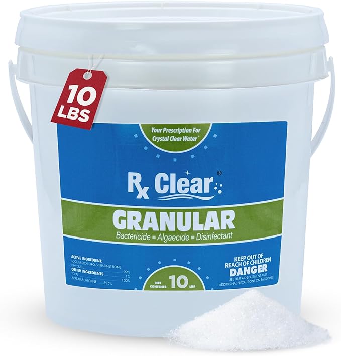 Rx Clear 10 lbs Granular Pool Chlorine | Use As Bactericide, Algaecide, & Disinfectant in Swimming Pools, Hot Tubs, & Spas | Stabilized, Fast Dissolving & UV Protected