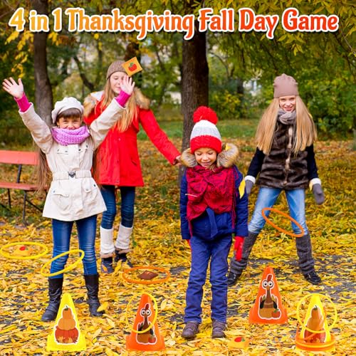 4 in 1 Fall Festival Thanksgiving Party Games with Ring Toss, Plastic Cones, Bean Bags, 3-Legged Race Bands, Thanksgiving ...