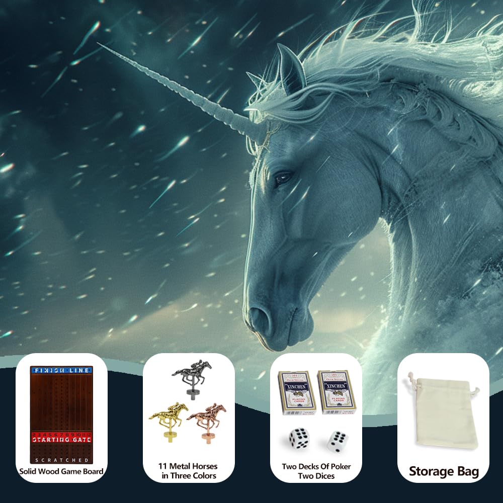 NRZSSN Horse Race Board Game with 11 Luxurious Durable Classic Metal Horses with 4 Dice and 2 Boxes of Cards Thickened Solid Wood Horse Racing Dice Game (Walnut Color，Rectangle)