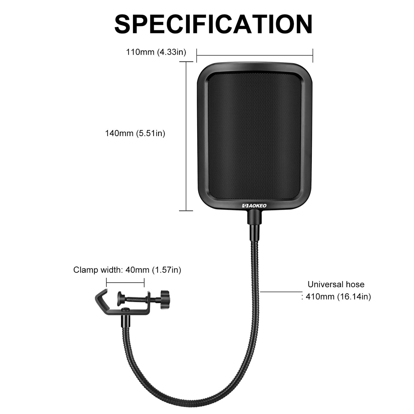 Aokeo Metal Pop Filter,Metal Mesh Layer Microphone Windscreen for Hyperx QuadCast, Blue Yeti and Other Mics,Pop Shield with Flexible 360° Gooseneck Clip Stabilization Arm