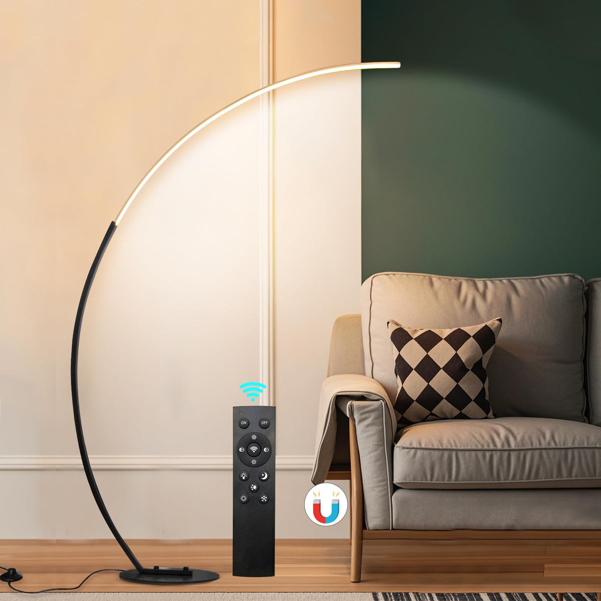 ShineMuse Modern LED Arc Floor Lamp Dimmable,Black Gold Arched Floor Lamp Standing Lamp with Remote for Living Room Bedroom Office Corner