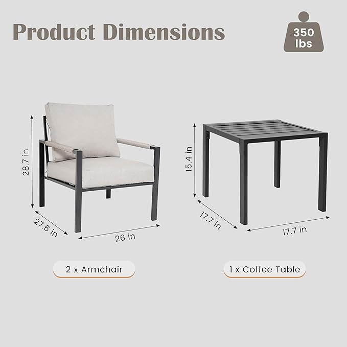 PATIOCHIC 3 Pieces Rattan Outdoor Furniture Set, All-Weather Patio Conversation Set with Warm Grey Cushions and Coffee Table for Garden, Backyard, Balcony, Poolside