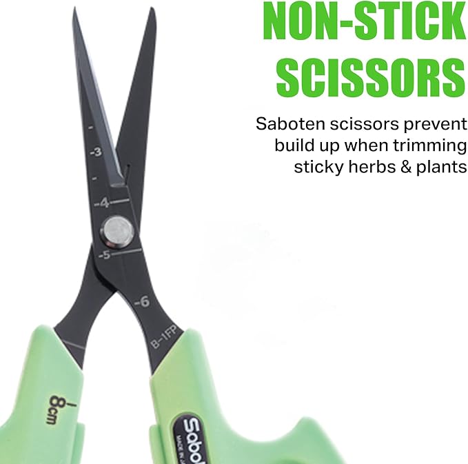 Saboten Fluorine Coated Angled Blade Trimming Scissors Green PT-2 160mm Precision Gardening Bonsai and Floral Shears Made in Japan