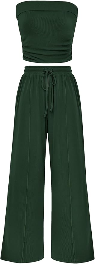 PRETTYGARDEN Womens Summer Outfits 2 Piece Sets Casual Ribbed Knit Crop Tube Top Wide Leg Pants Spring Matching Lounge Set