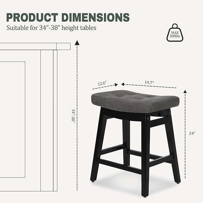 RNKSFX Counter Height Bar Stools Set of 2 for Kitchen Counter Farmhouse Modern Barstools with Faux Leather Upholstered Backless Seat and Solid Wood Legs 24 inch Bar Chairs, Grey + Black