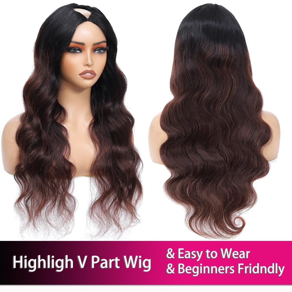 NZINZI Ombre V Part Wig Human Hair Body Wave Brown Wig Upgrade U Part Human Hair Wig with Clips Glueless Wigs Human Hair Clip in
