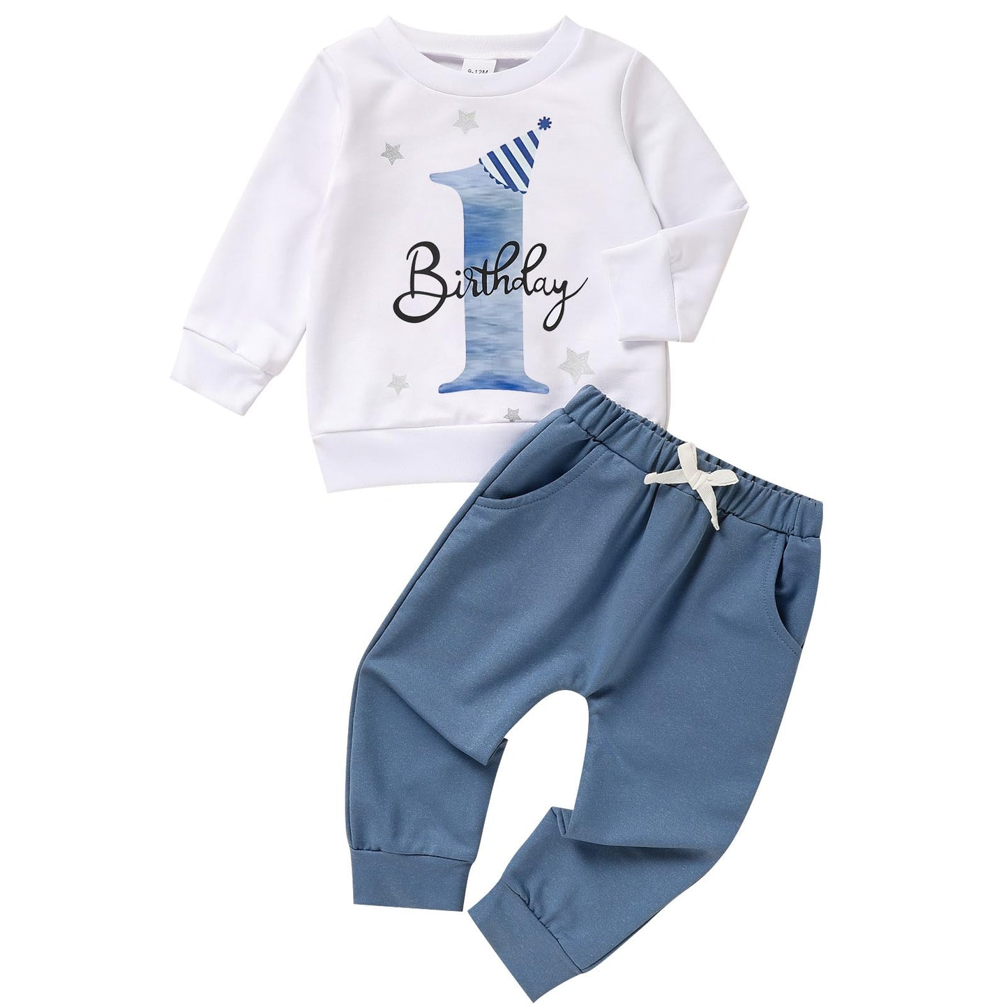 ZOELNIC 1st Birthday Clothes Boy Baby One Year Old Long Sleeve Shirt Pants Fall Winter Outfit (Blue, 12-18 Months)