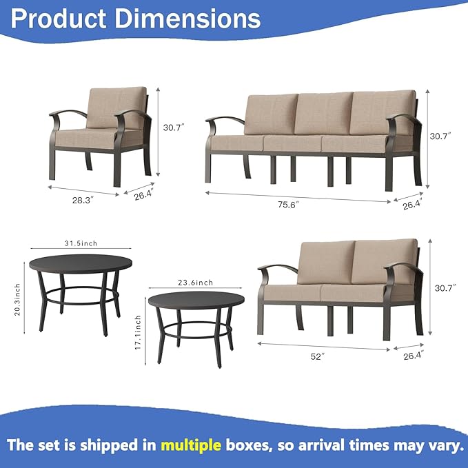 RTDTD Aluminum Outdoor Patio Furniture Set,7 Seats Patio Conversation Sets with 2 Round Coffee Tables,Metal Patio Sectional Furniture Set with 5.1" Thickened Cushions,Sand