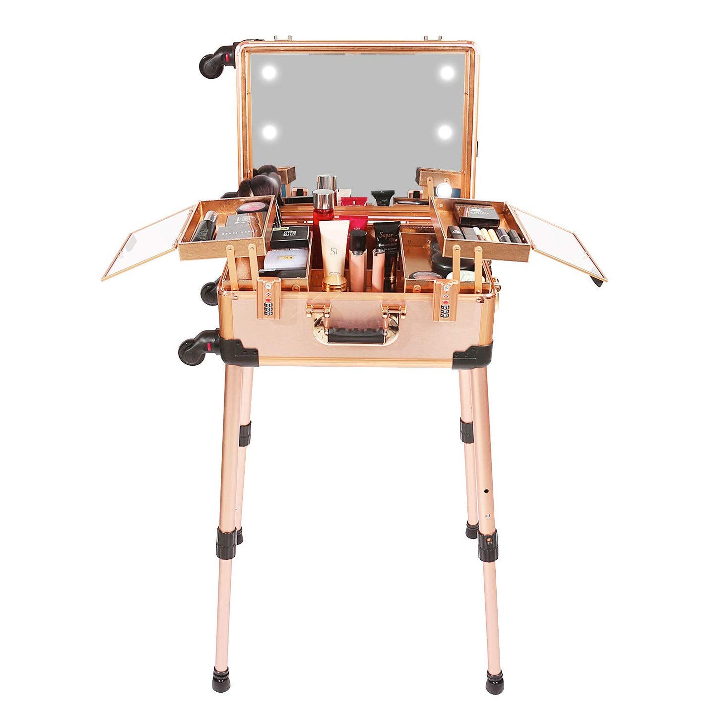Jula Vance Medium Makeup Train Case with Code Lock, Lighted Mirror, Speaker Travel Cosmetic Organizer Box, Professional Artist Trolley Studio Free Standing Case