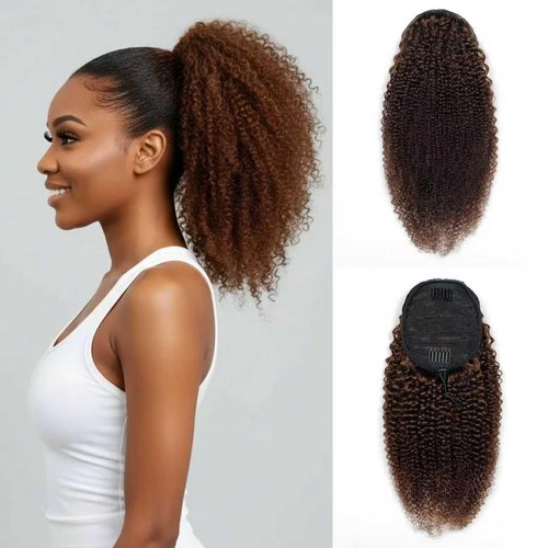 Afro Kinky Curly Ponytail Human Hair 150% Density Brazilian Virgin Hair 4C Afro Puff Drawstring Ponytail Extension for Black Women Dark Brown Color （22 Inch 4#）