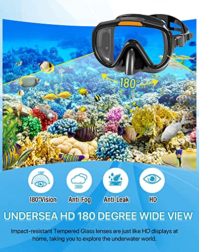 Ubekezele Snorkeling Gear for Adults Men Women,4 in 1 Snorkel Set with Panoramic View Diving Mask Anti-Fog Anti-Leak,Dry T...