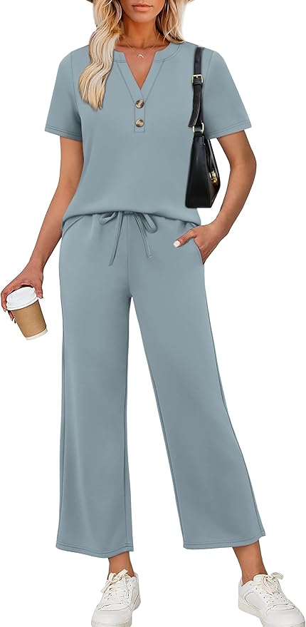 OFEEFAN 2 Piece Sets for Women Spring Fashion Beach Vacation Cruise Outfit Dressy Casual Wide Leg Crop Pants Resort Wear
