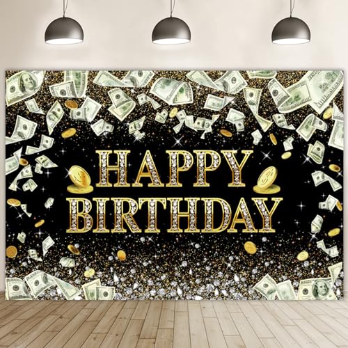Renaiss 7x5ft Dollar Bill Birthday Backdrop Dollar Coins Diamonds Glittering Black Gold Money Birthday Photography Backgro...