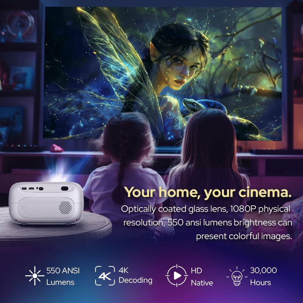 RockTek PJ500 Bright FHD Sealed Projector, Smart OS, FULL HD, Wifi 6, Bluetooth 5.2, 550 ANSI Lumens, 130 inch screen, Auto Keystone, Auto Focus