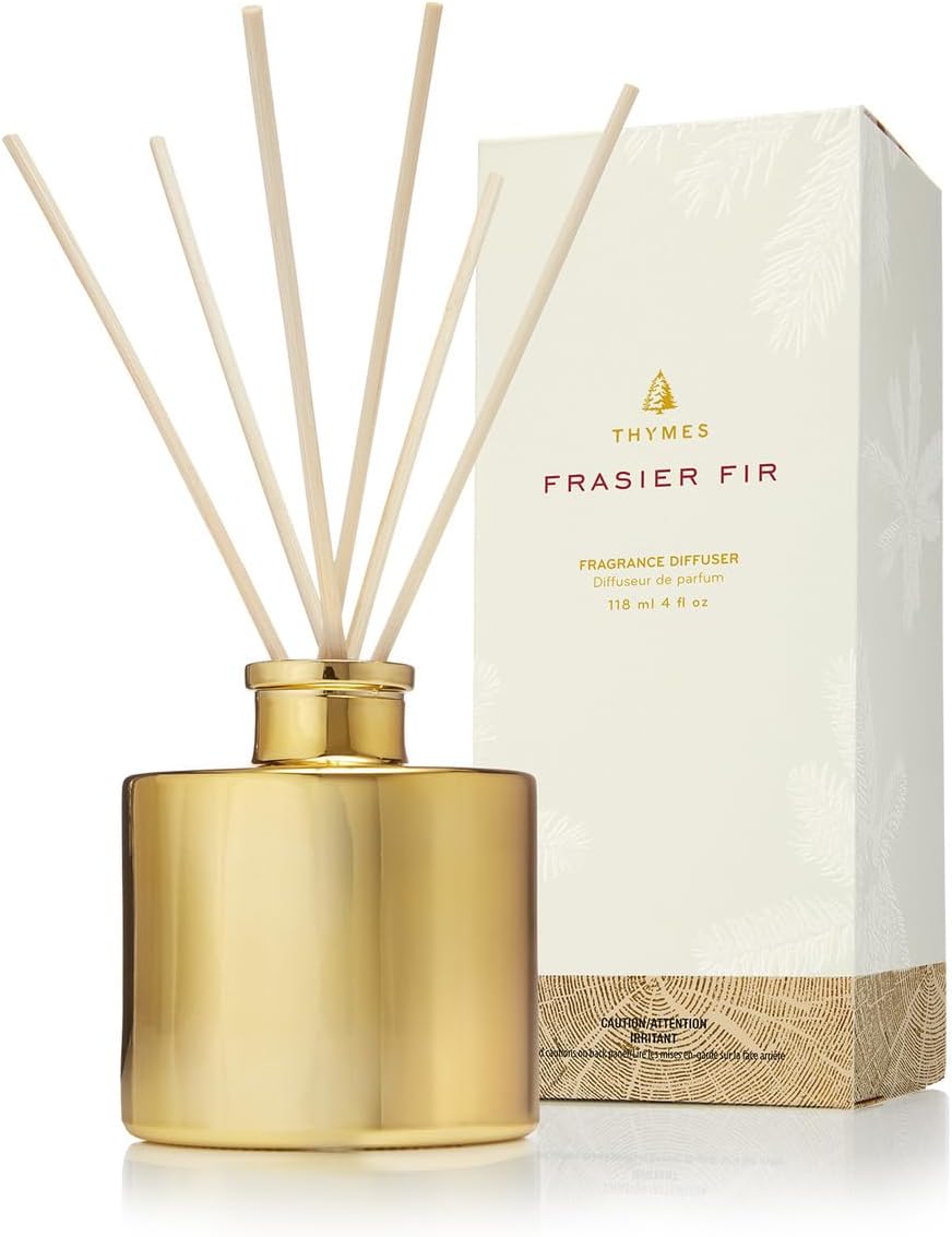 Thymes Frasier Fir Reed Diffuser Set – Includes Reeds, Fragrance Oil, and Frosted Glass Bottle – Fragrance Oil Diffuser – Room Fresheners – Luxury Home Decor – Gold (Gilded, 4 fl oz)