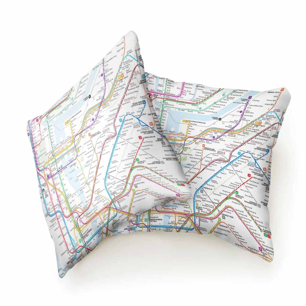 Beabes Throw Pillow Covers New York Subway Map Route Red Blue Orange Purple Green Pink Soft Decorative Square,Pack of 2 Cushion Case for Sofa Bedroom Car 18X18 Inch 45X45 Cm