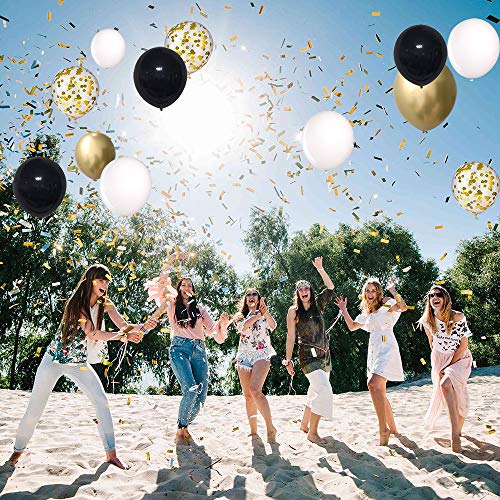 Black and Gold Confetti Balloons, 50 Pack 12inch White Latex Party Balloon Set with Gold Ribbon for New Year Graduation Bi...