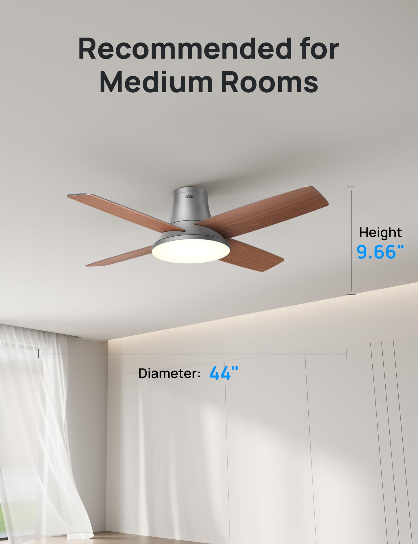 DREO Ceiling Fan, 44 Inch Low Profile Ceiling Fan with Light and Remote, 5CCT LED, 6-Level Dimmable, 6-Speed, Reversible Motor, Quiet, Timer, Easy-Install, Black Flush Mount for Bedroom