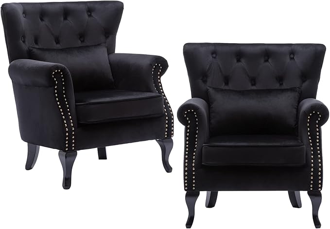 chairus Mid-Century Modern Accent Chairs Set of 2, Comfy Tufted Single Sofa Chair Wingback Armchair with Pillow for Club, Living Room, Bedroom - Velvet, Black
