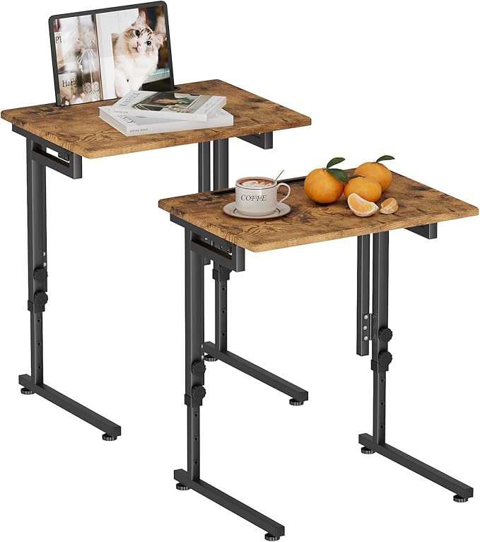 Fleecy day Adjustable Folding TV Tray Table,TV Dinner Small Foldable C-Shaped End Table for Eating,6 Height Adjustable Slide Under Couch Side with Sturdy MDF Top,No Assembly(Brown,2Pcs)