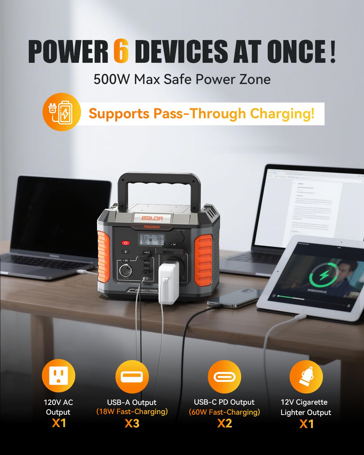 Baldr Portable Power Station, 500W Output, 288Wh Capacity, Ac Outlet, Usb Ports, Solar Charging Generator For Home Camping Emerg