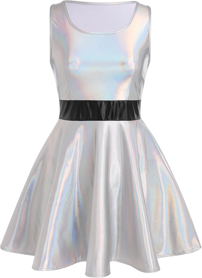 IBAKOM Women Shiny Metallic Skater Dress Disco Dance 80s Holographic Dress Hallowen Cosplay Outfits Wet Look Pleated Dress