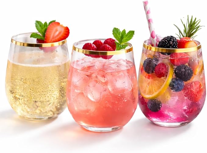 Oojami 36 piece Disposable Stemless Unbreakable Crystal Clear Plastic Wine Glasses Set of 36 (12 Ounce, Gold Rim)