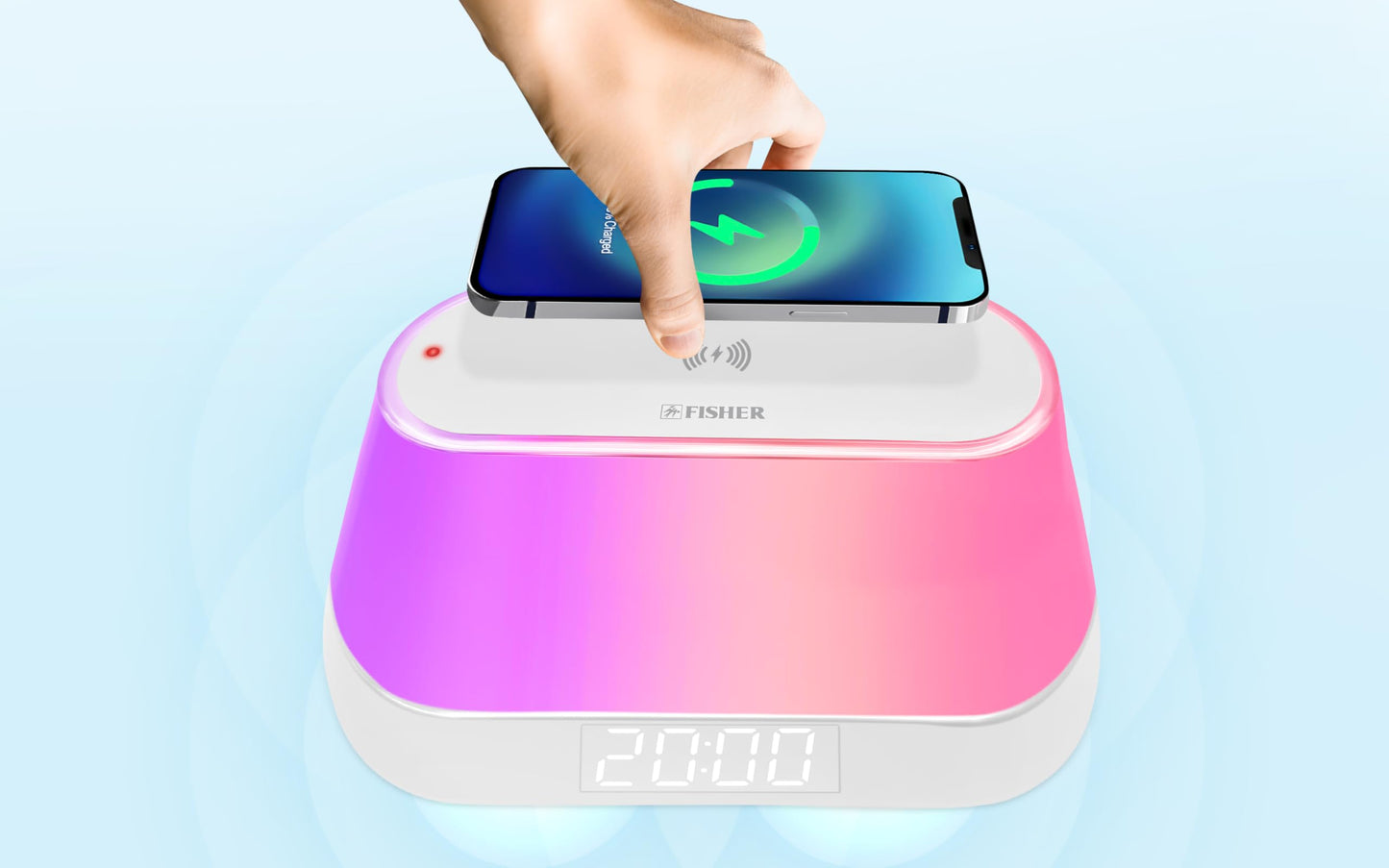 Fisher Alarm Clock Speaker Wireless Charger, Digital Alarm Clocks Bedrooms Bluetooth, Alarm Clock Dimmable Light Bedrooms Dual Alarm Snooze Dimmer 12 24H RGB Night Light Bluetooth USB