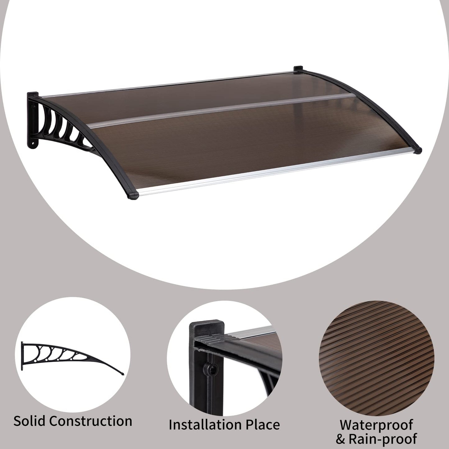 MATICO 58.5" Outdoor Clear Door Awning Patio Window Cover Polycarbonate Rain & Snow Protection, Modern Hollow Sheet with UV Protection Cover, Window Door Awning Canopy,Tea/Black-Edge