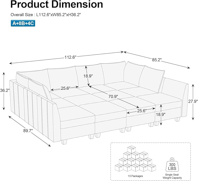 Belffin Oversized Modular Sectional Couch Sleeper Sofa with Storage Velvet Sectional Sofa Bed for Living Room, 12 Seats, Black